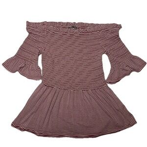 Vince Camuto Burgundy White Striped Ruched Babydoll Off The Shoulder Top Size M